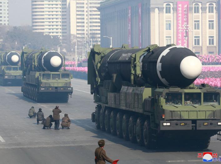 Intercontinental ballistic missiles are seen at a grand military parade celebrating the 70th founding anniversary of the Korean People's Army at the Kim Il Sung Square in Pyongyang, in this photo released by North Korea's Korean Central News Agency (KCNA)