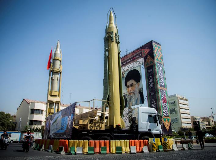 FILE PHOTO: A display featuring missiles and a portrait of Iran's Supreme Leader Ayatollah Ali Khamenei is seen at Baharestan Square in Tehran, Iran September 27, 2017. Picture taken September 27, 2017. Nazanin Tabatabaee Yazdi/TIMA via REUTERS ATTENTION 