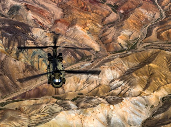 A U.S. Army Task Force Brawler CH-47F Chinook conducts a training exercise at Bagram Airfield, Afghanistan, March 26, 2018. Picture taken March 26, 2018. U.S. Air Force/Tech. Sgt. Gregory Brook/Handout via REUTERS. 