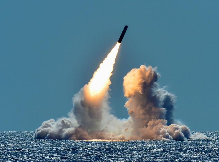 An unarmed Trident II D5 missile is test-launched from the Ohio-class U.S. Navy ballistic missile submarine USS Nebraska off the coast of California, U.S. March 26, 2018. Picture taken March 26, 2018. U.S. Navy/Mass Communication Specialist 1st Class Rona