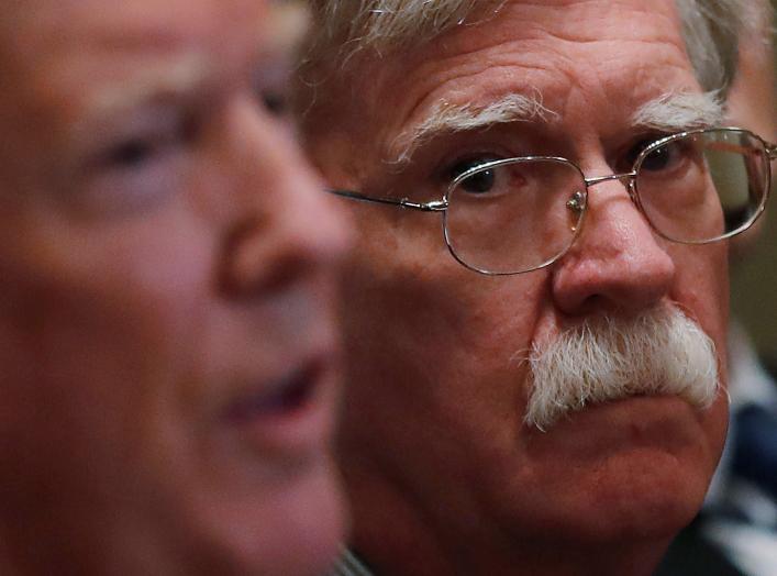 U.S. President Donald Trump receives a briefing from senior military leadership accompanied by his new National Security Adviser John Bolton at the Cabinet Room of the White House in Washington, DC, U.S. 