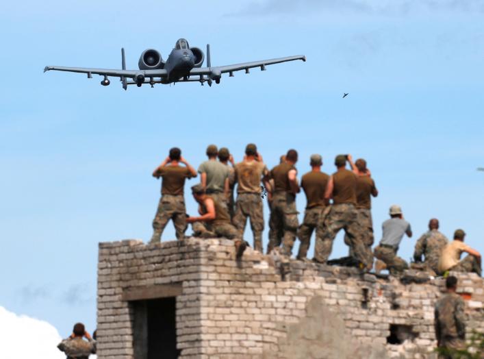 U.S. Air Force A-10 aircraft takes part in the urban fighting drill during the NATO Saber Strike exercise in the Soviet-time former military town near Skrunda, Latvia June 13, 2018. REUTERS/Ints Kalnins