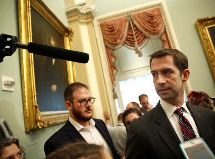 Senator Tom Cotton (R-AR) speaks after the Republican weekly policy lunch on Capitol Hill in Washington, U.S., June 19, 2018. REUTERS/Joshua Roberts