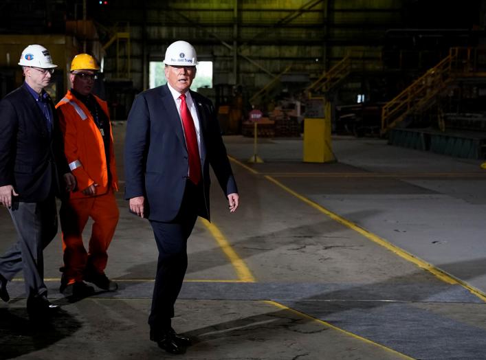 U.S. President Donald Trump wears a hardhat as he tours the Granite City Works hot strip steel mill in Granite City, Illinois, U.S., July 26, 2018. REUTERS/Joshua Roberts