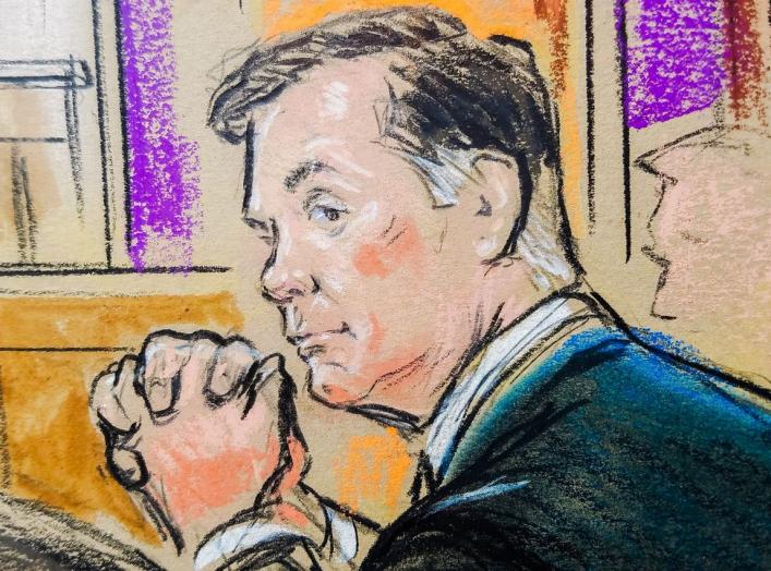 Former Trump campaign manager Paul Manafort is shown in a court room sketch, as he sits in federal court on the opening day of his trial on bank and tax fraud charges stemming from Special Counsel Robert Mueller's investigation into Russian meddling in th