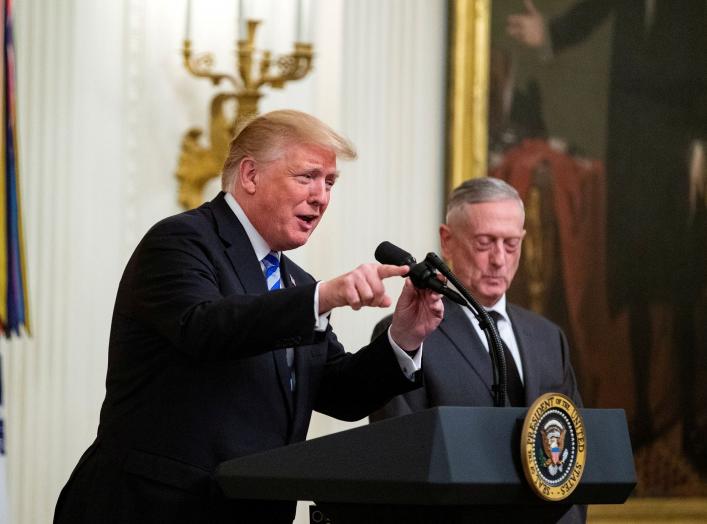U.S. President Donald Trump delivers remarks alongside Defense Secretary James Mattis at a reception commemorating the 35th anniversary of the attack on the Beirut Barracks in the East Room of the White House, in Washington, U.S., October 25, 2018. REUTER