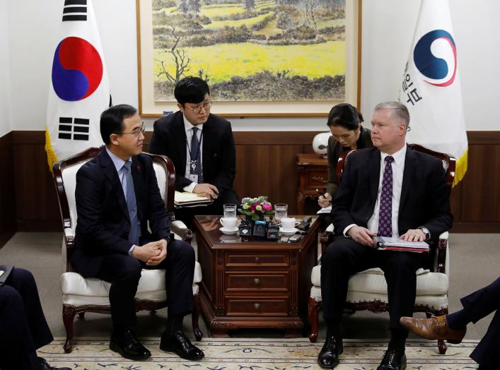 U.S. special representative for North Korea Stephen Biegun talks with South Korean Unification Minister Cho Myoung-gyon during their meeting at the Unification Ministry in Seoul, South Korea, December 21, 2018. REUTERS/Kim Hong-Ji/Pool