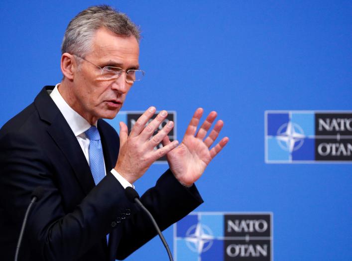 NATO Secretary General Jens Stoltenberg addresses a news conference during a NATO defence ministers meeting at the Alliance headquarters in Brussels, Belgium February 14, 2019. REUTERS/Francois Lenoir