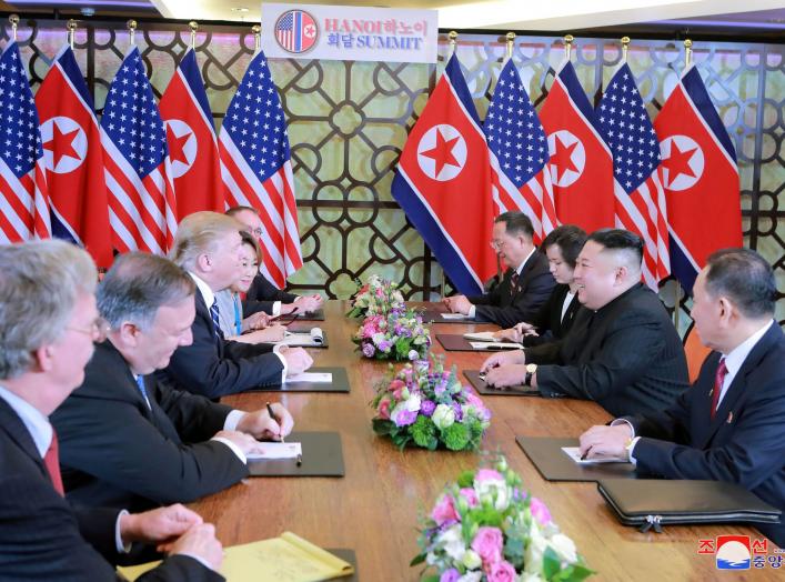North Korea's leader Kim Jong Un and U.S. President Donald Trump smile during the second North Korea-U.S. summit in Hanoi, Vietnam, in this photo released on March 1, 2019 by North Korea's Korean Central News Agency (KCNA). KCNA via REUTERS ATTENTION EDIT