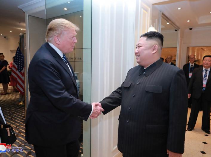 North Korea's leader Kim Jong Un shakes hands with U.S. President Donald Trump during the second North Korea-U.S. summit in Hanoi, Vietnam, in this photo released on March 1, 2019 by North Korea's Korean Central News Agency (KCNA). KCNA via REUTERS ATTENT