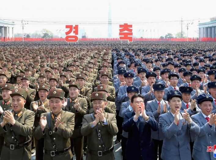 A mass rally celebrating the re-election of Kim Jong Un as North Korea's leader is held at Kim Il Sung square in Pyongyang, North Korea, in this photo released on April 14, 2019 by North Korea's Korean Central News Agency (KCNA). KCNA via REUTERS