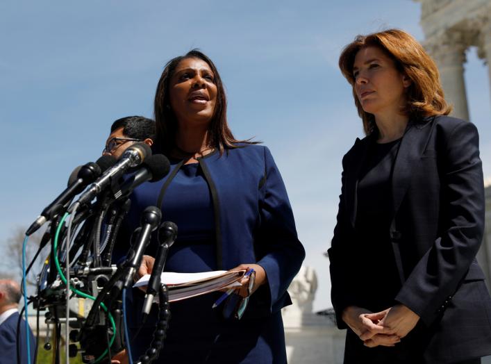 New York Attorney General Letitia James speaks to the media following oral arguments regarding the Census citizenship case, outside the U.S. Supreme Courthouse in Washington, U.S., April 23, 2019. REUTERS/Shannon Stapleton