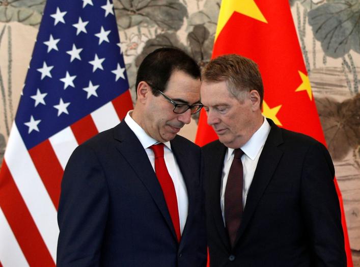 U.S. Treasury Secretary Steven Mnuchin and his Trade Representative Robert Lighthizer arrive for a group photo session after their meeting with Chinese Vice Premier Liu He, at the Diaoyutai State Guesthouse in Beijing, China, May 1, 2019. Andy Wong/Pool v