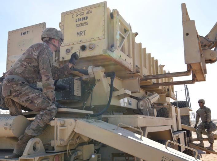 Specialist Tevin Howe and Specialist Eduardo Martinez take part in training on a U.S. Army Patriot surface-to-air missile launcher at Al Dhafra Air Base, United Arab Emirates, January 12, 2019. Picture taken January 12, 2019.