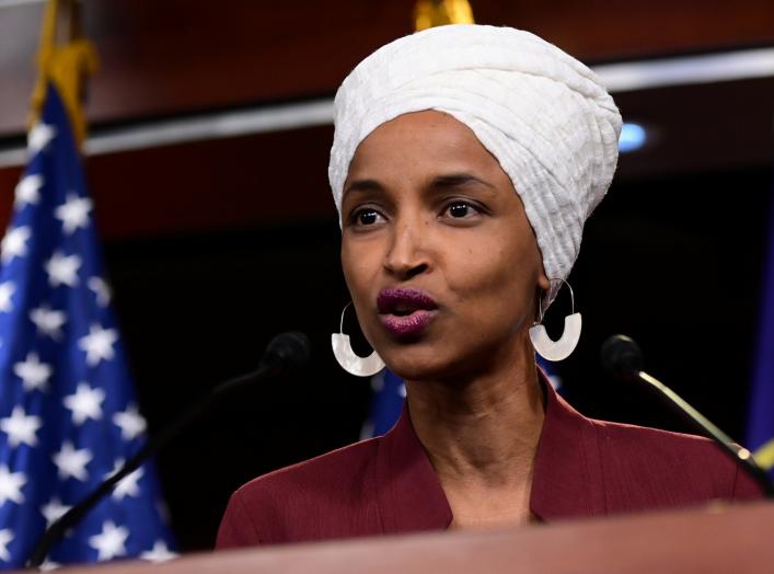 U.S. Rep Ilhan Omar (D-MN) speaks at a news conference after Democrats in the U.S. Congress moved to formally condemn President Donald Trump's attacks on the four minority congresswomen on Capitol Hill.