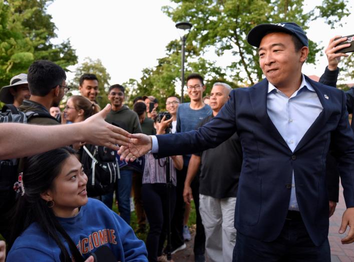 Democratic U.S. presidential candidate Andrew Yang greets supporters during a rally in Cambridge, Massachusetts, U.S. September 16, 2019. REUTERS/Faith Ninivaggi