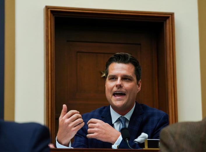 Rep. Matt Gaetz (R-FL) speaks as former Trump campaign manager Corey Lewandowski testifies before a House Judiciary Committee hearing on "Presidential Obstruction of Justice and Abuse of Power," in the Rayburn House Office Building on Capitol Hill