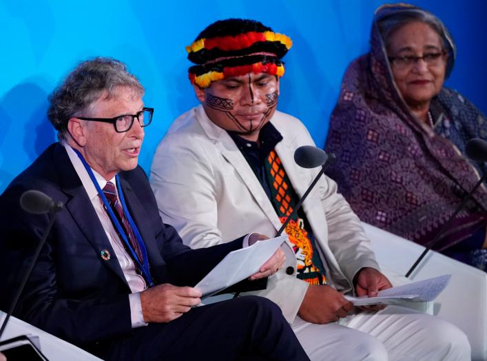 Bill Gates, Trustee and Co-Chair of the Global Commission on Adaptation, speaks as Bangladesh's Prime Minister Sheikh Hasina and Amazon-based indigenous leader Tuntiak Katan look on during the 2019 United Nations Climate Action Summit at U.N. headquarters