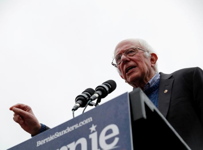 Democratic 2020 U.S. presidential candidate and U.S. Senator Bernie Sanders (I-VT) speaks at a campaign rally in front of the State House after filing his declaration of candidacy papers to appear on the New Hampshire primary election ballot