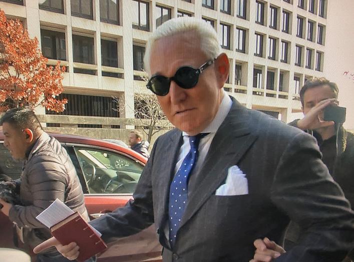 Roger Stone, former campaign adviser to U.S. President Donald Trump, departs after he was found guilty on seven criminal counts in his trial on charges of lying to Congress, obstructing justice and witness tampering in this stilll image taken from video