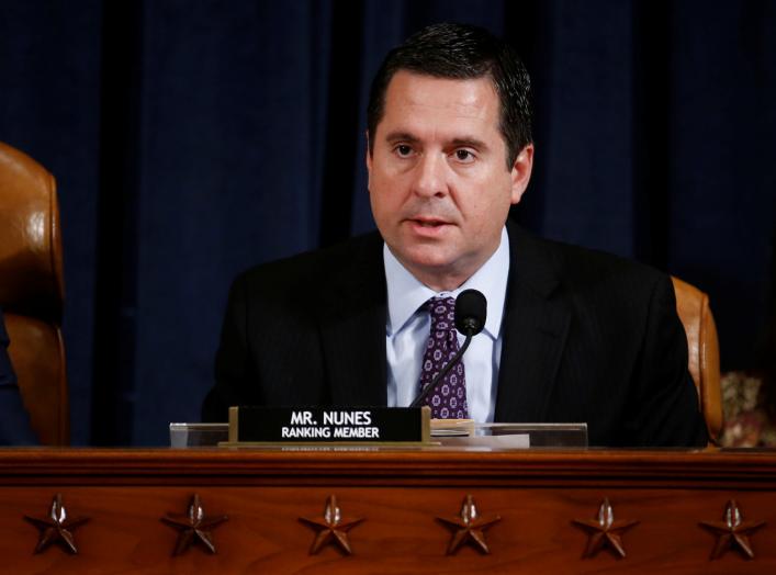 U.S. Representative Devin Nunes (R-CA) and ranking member of the House Intelligence Committee, speaks during an impeachment inquiry hearing in Washington, U.S., November 21, 2019. Andrew Harrer/Pool via REUTERS