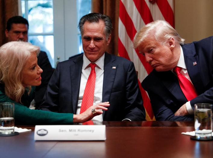 From left: White House counselor Kellyanne Conway speaks to Senator Mitt Romney (R-UT) and U.S. President Donald Trump, during a listening session on youth vaping and the electronic cigarette epidemic inside the Cabinet Room at the White House