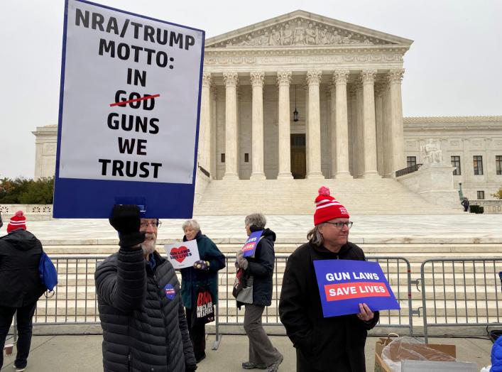 A group among hundreds of supporters of gun control laws rally in front of the US Supreme Court as the justices hear the first major gun rights case since 2010, in Washington, U.S. December 2, 2019. REUTERS/Andrew Chung