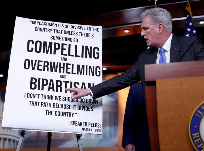 House Minority Leader Kevin McCarthy (R-CA) delivers remarks during an impeachment press conference on Capitol Hill in Washington, U.S., December 3, 2019. REUTERS/Tom Brenner TPX IMAGES OF THE DAY