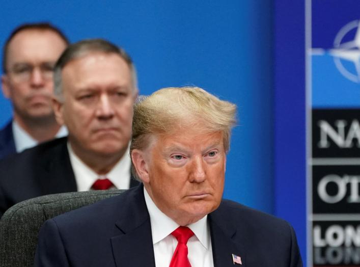 U.S. President Donald Trump, U.S. Secretary of State Mike Pompeo and Acting White House Chief of Staff Mick Mulvaney attend a North Atlantic Treaty Organization Plenary Session at the NATO summit in Watford, near London, Britain, December 4, 2019.