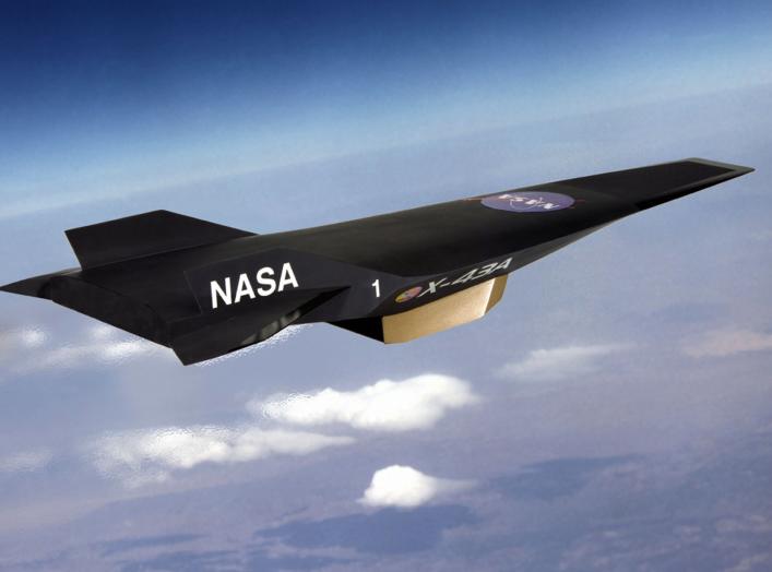 An artist's conception of NASA's X-43A Hypersonic Experimental Vehicle, or "Hyper-X" in flight. The X-43A was developed to flight test a dual-mode "ramjet/scramjet" propulsion system at speeds from Mach 7 up to Mach 10 (7 to 10 times the speed of sound, w