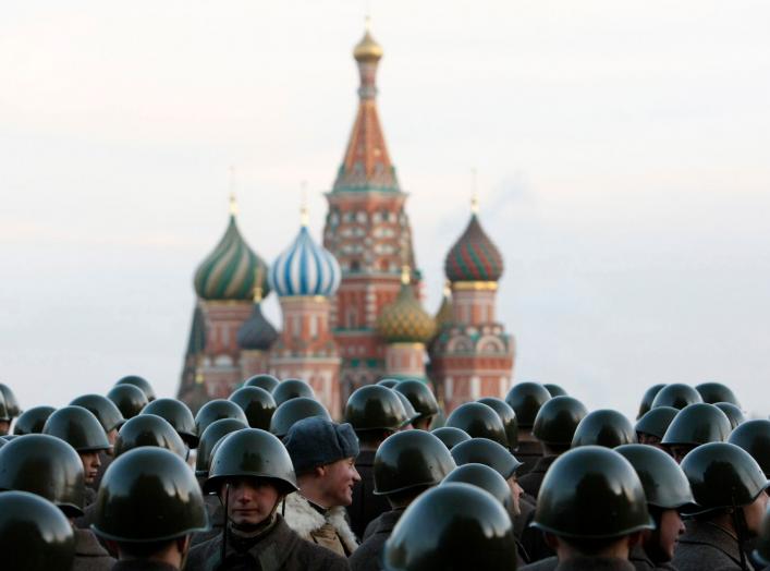 Russian servicemen in historical uniforms stand during military parade training in Red Square in Moscow November 5, 2009. The parade will take place on November 7 to mark the anniversary of a historical parade in 1941 when Soviet soldiers marched through 