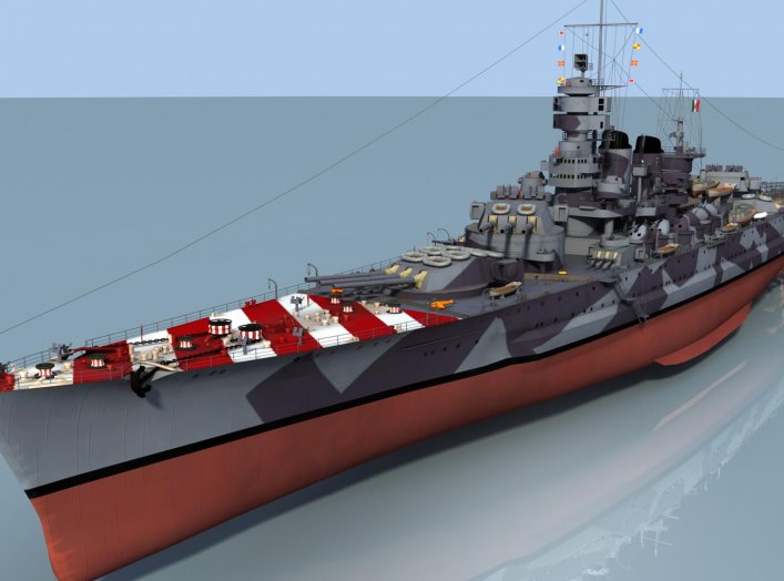 3D rendering of the different views of the Regia Marina Roma battleship. Wikimedia/cbhierro.