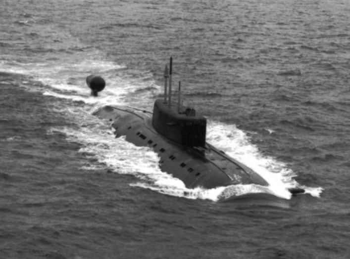 Aerial starboard bow view of a Russian Navy Northern Fleet Sierra II class nuclear-powered attack submarine underway on the surface.