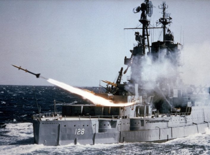 The U.S. Navy auxiliary USS Mississippi (EAG-128) fires an SAM-N-7 Terrier surface-to-air missile during at-sea tests, circa 1953-55. U.S. Navy.