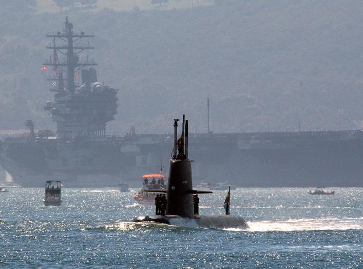 Swedish Stirling engine-powered attack submarine HMS Gotland transits through San Diego Harbor with the Nimitz-class aircraft carrier USS Ronald Reagan (CVN 76) following close behind during the “Sea and Air Parade” held as part of Fleet Week San Diego 20