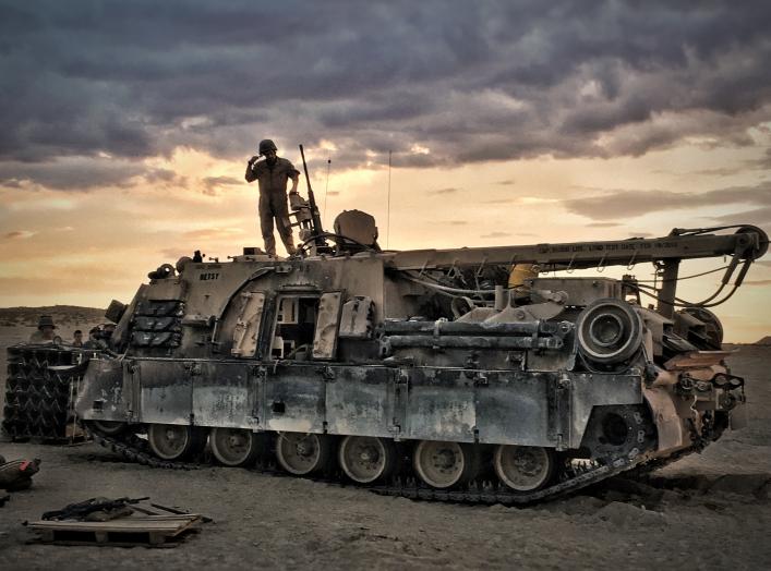 Marines with 4th Combat Engineer Battalion, 4th Marine Division, prepare their M88A2 Hercules Recovery Vehicle for departure before conducting a Tank Mechanized Assault Course during Integrated Training Exercise 4-18 at Marine Corps Air Ground Combat Cent