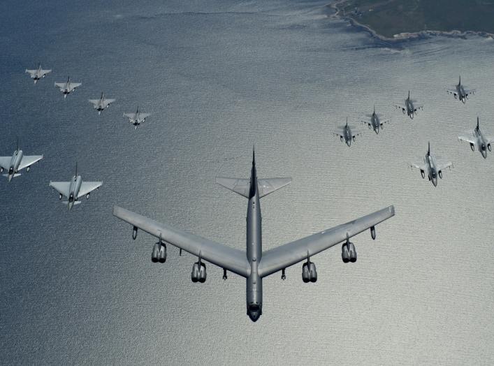 A U.S. Air Force B-52 Stratofortress leads a formation of aircraft including two Polish air force F-16 Fighting Falcons, four U.S. Air Force F-16 Fighting Falcons, two German Eurofighter Typhoons and four Swedish Gripens over the Baltic Sea
