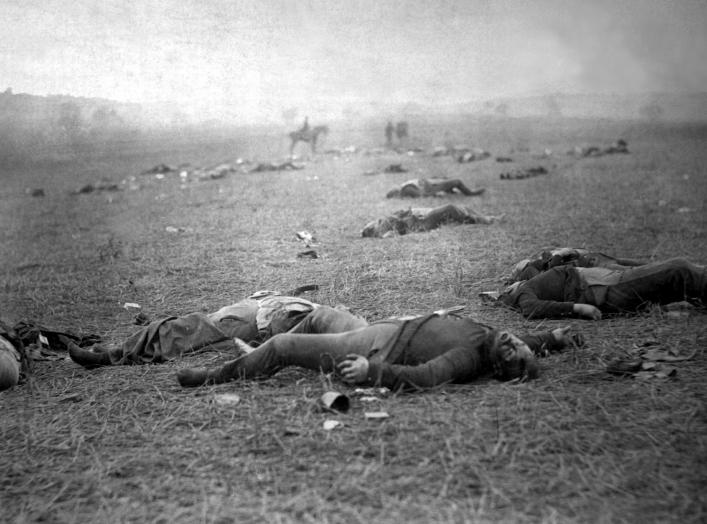 Incidents of the war. A harvest of death, Gettysburg, PA. Dead Federal soldiers on battlefield. Negative by Timothy H. O'Sullivan. Positive by Alexander Gardner.