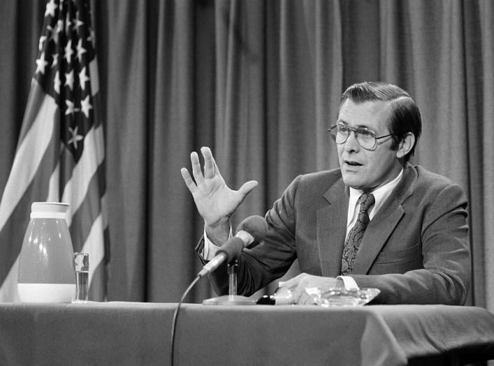 U.S. Secretary Defense (SECDEF) The Honorable Donald H. Rumsfeld, responds to questions during a panel interview conducted by members of the CBS Television and Radio News program "Capital Cloakroom" at the Pentagon Studio in Washington, D.C. on Oct. 6, 19