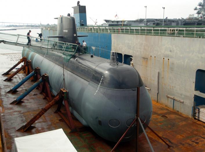 San Diego, Ca. (June 27, 2005) – The Swedish Navy Type (A 19) Stirling engine-powered attack submarine HMS Gotland arrives in San Diego on a transport ship from Sweden, as it arrives at San Diego, California (CA). The Gotland class is due to its unusual e