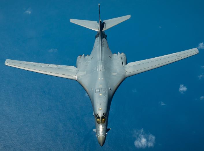 A U.S. Air Force B-1B Lancer assigned to the 37th Expeditionary Bomb Squadron, deployed from Ellsworth Air Force Base, S.D. to Andersen AFB, Guam, flies a training mission over the Pacific Ocean Aug. 16, 2017.