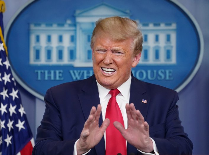 U.S. President Donald Trump responds to a question about the Department of Health and Human Services Inspector General's report on the shortage of novel coronavirus tests for hospitals during the daily coronavirus task force briefing at the White House in