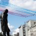 The Red Arrows and La Patrouille de France perform a flypast over a statue of Winston Churchill, during a meeting of British Prime Minister Boris Johnson and French President Emmanuel Macron in London, Britain, June 18, 2020. REUTERS/Peter Nicholls