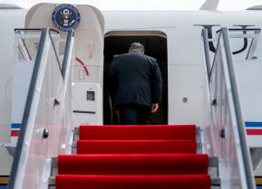 U.S. Secretary of State Mike Pompeo boards his plane at Sunan International Airport in Pyongyang, North Korea, July 7, 2018, to travel to Japan. Andrew Harnik/Pool via REUTERS